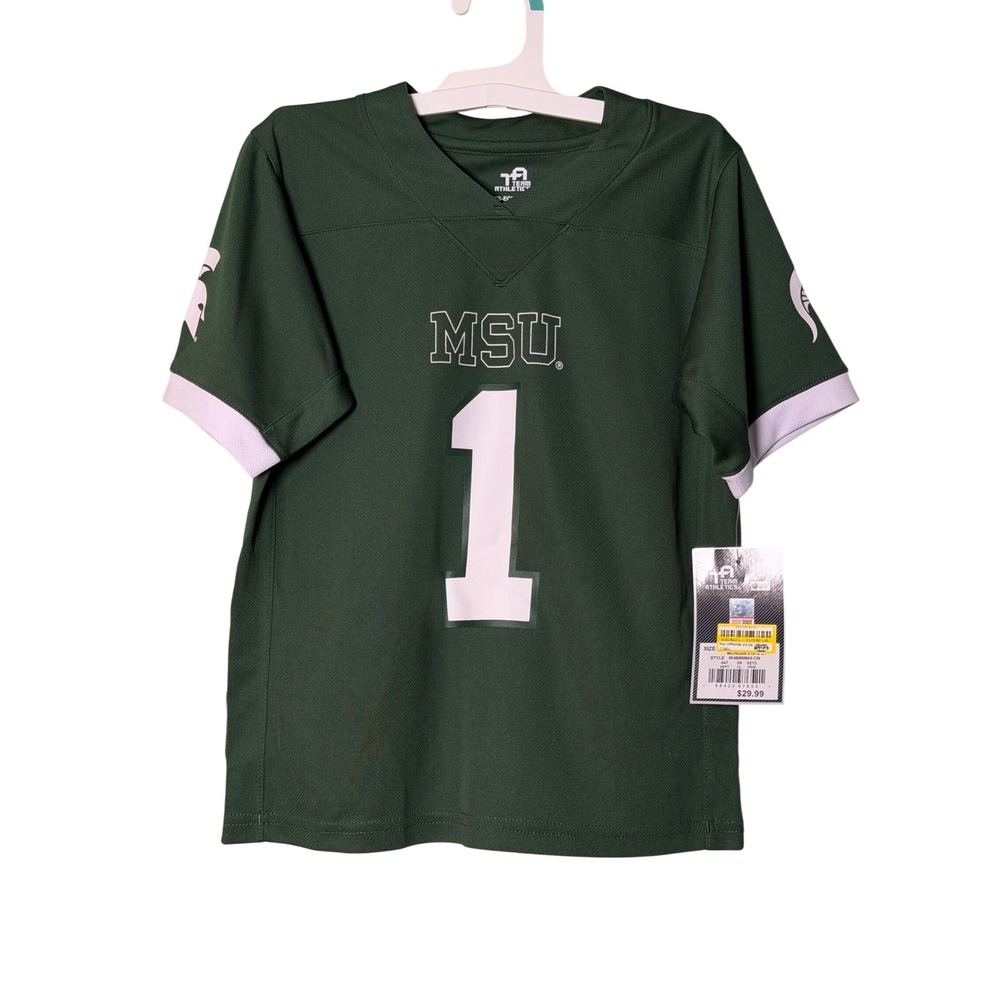 Team Athletics Michigan State Spartans Youth XS 4/5 Green Jersey MSU #1 NWT